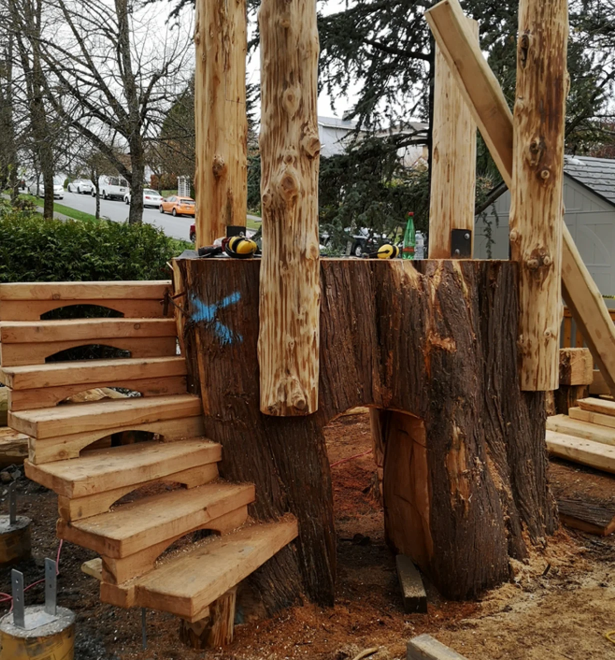 Wooden stairs wrapped around a large tree stump with log posts during construction