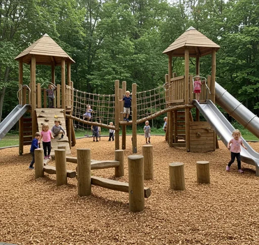 Children playing on wooden towers with rope bridge, metal slides and stump steps on wood chips