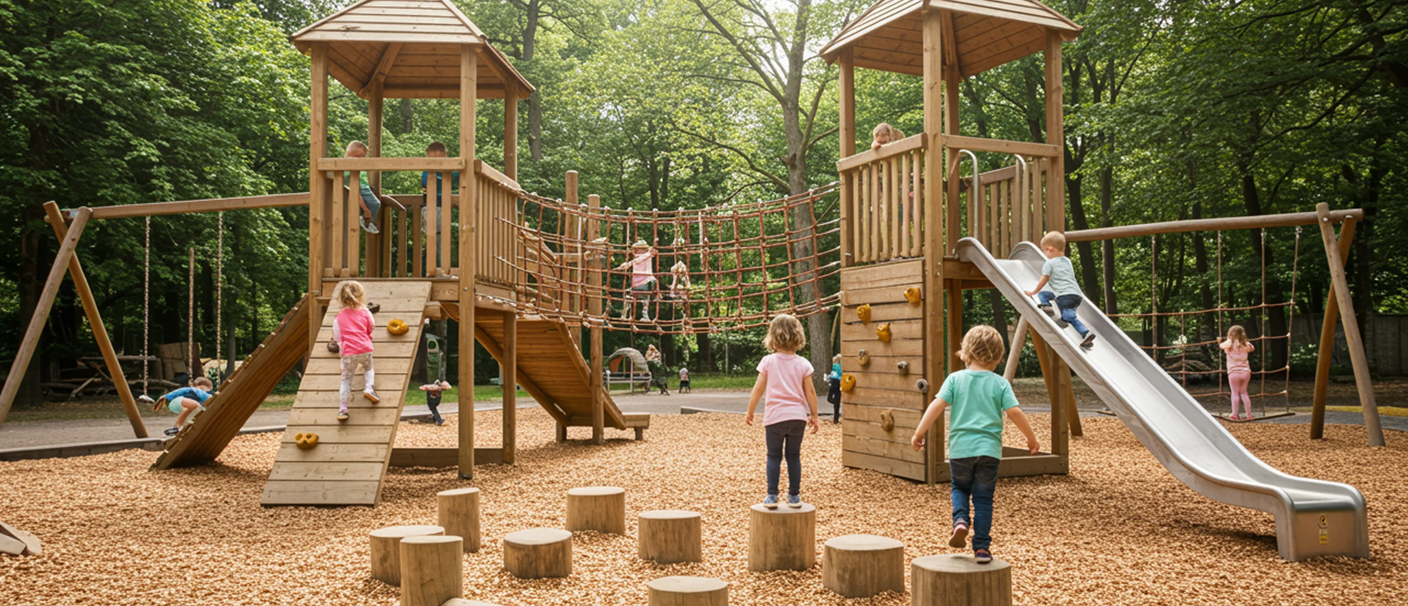 Children playing on wooden towers with rope bridge, slide and stump steps on wood chips