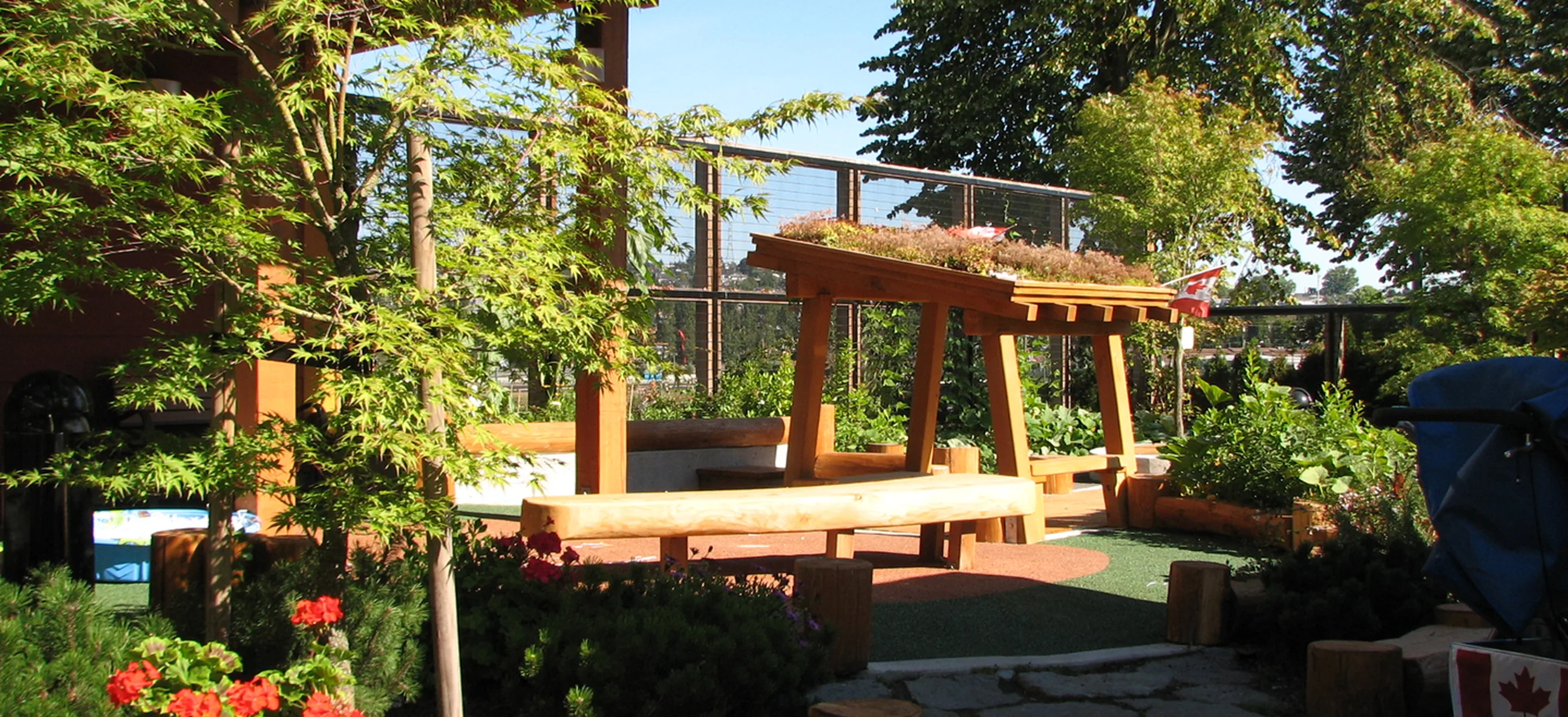 Timber pergola with green roof and log benches in a sunny garden play area